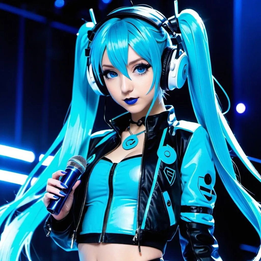 Prompt: Cyber goth hatsune miku, electronic dance, full body view, blue lipstick, blue eyes, blue eyeshadow, blue crop top, blue jacket, blue nails, blue hair, blue headphones, blue microphone, blue speakers, blue lights shining