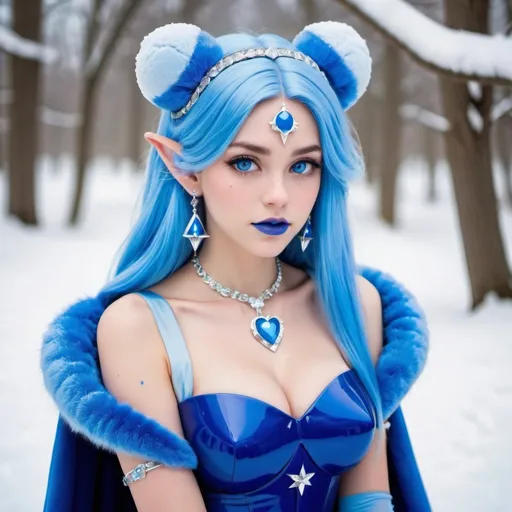 Prompt: Zelda, Heavy snow, Giant Blue Orb in Sky, Long Straight Blue hair, Ice crystal tiara, Thick bushy blue eyebrows, medium sized nose, plump diamond shape face,  Blue lipstick, ethereal blue eyes, Triangle Star earrings, soft ears, Large blue plastic chain around neck, Blue heart necklaces, blue candy shaped rings, Large blue fur coat with blue plastic gloves. Long Blue Skirt with moons. Plump chest