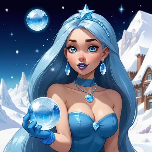 Prompt: kim possible, Heavy snow, Giant Blue Orb in Sky, Long Straight Blue hair, Ice crystal tiara, Thick bushy blue eyebrows, medium sized nose, plump diamond shape face,  Blue lipstick, ethereal blue eyes, Triangle Star earrings, soft ears, Large blue plastic chain around neck, Blue heart necklaces, blue candy shaped rings, Large blue fur coat with blue plastic gloves. Long Blue Skirt with moons. Plump chest