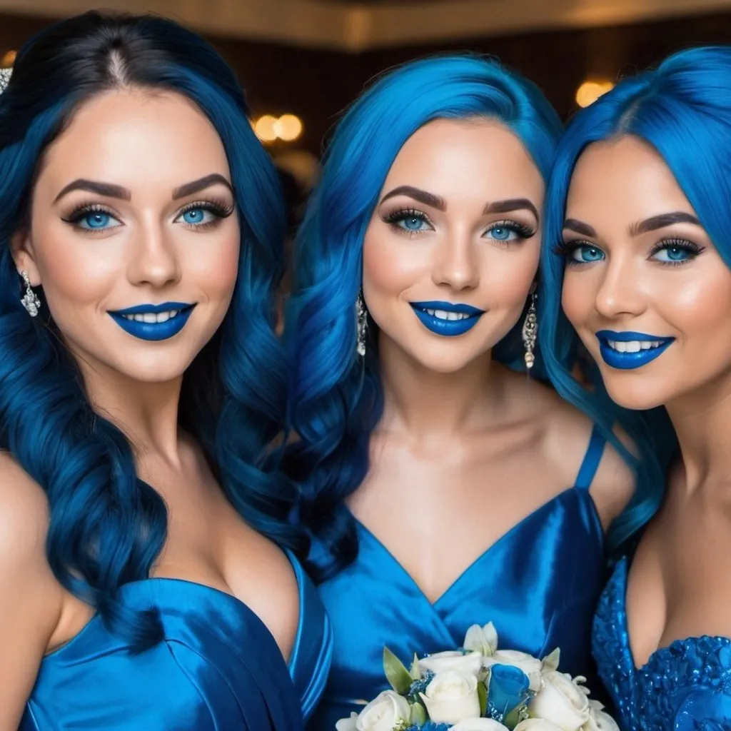 Prompt: 5 ladies with blue  eyes, flowing blue hair, smiling lips with blue lipstick, blue dresses, blue makeup, blue eyeshadow. At wedding