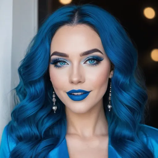 Prompt:  lady with blue  eyes, flowing blue hair, smiling lips with blue lipstick, blue outfit, blue makeup, blue eyeshadow. 