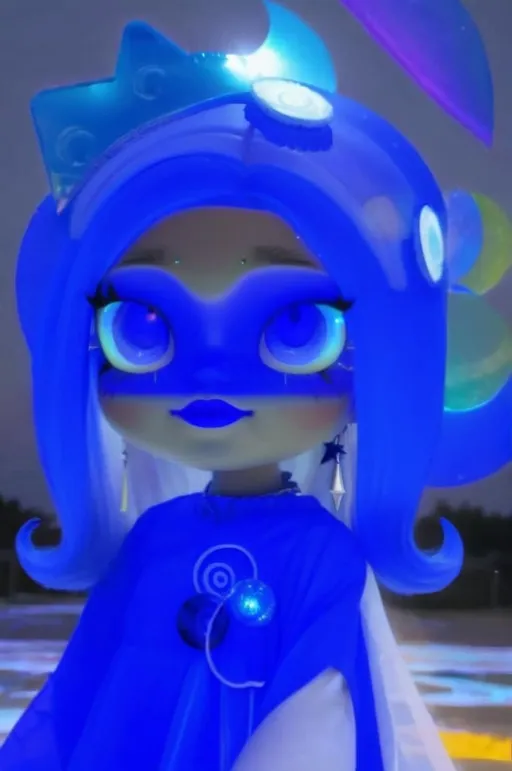 Prompt: 14 year old girl, outside moon behind her, blue lipstick, blue hair, Puffy face, long ice nails, Spiral earrings, dark blue plastic dress, blue Star Patch, glowing pencil.  