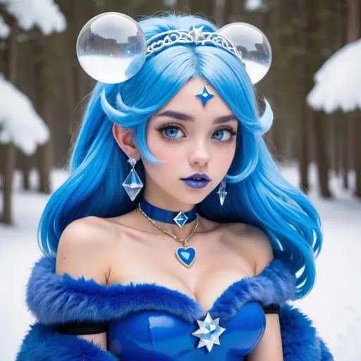 Prompt: Inkling, Heavy snow, Giant Blue Orb in Sky, Long Straight Blue hair, Ice crystal tiara, Thick bushy blue eyebrows, medium sized nose, plump diamond shape face,  Blue lipstick, ethereal blue eyes, Triangle Star earrings, soft ears, Large blue plastic chain around neck, Blue heart necklaces, blue candy shaped rings, Large blue fur coat with blue plastic gloves. Long Blue Skirt with moons. Plump chest