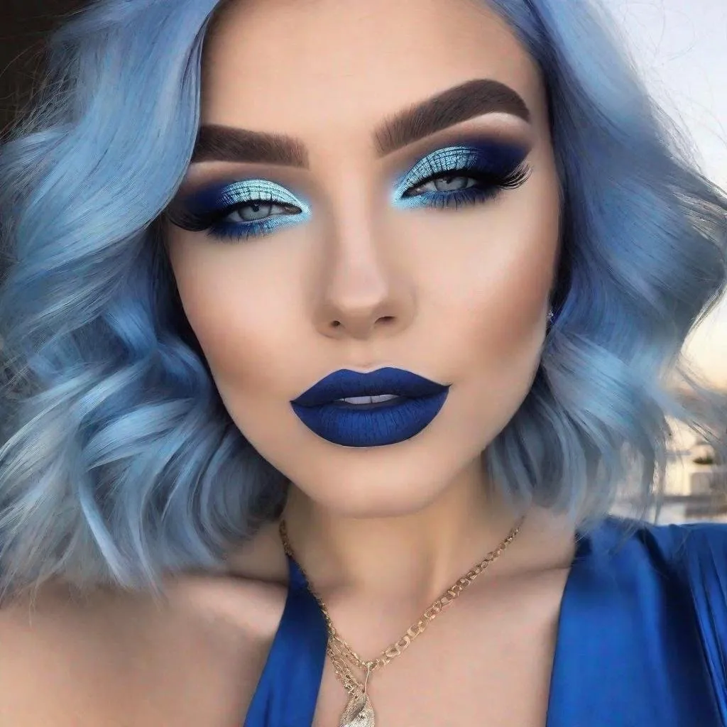 Prompt:  lady with blue  eyes, flowing blue hair, smiling lips with blue lipstick, blue outfit, blue makeup, blue eyeshadow. 