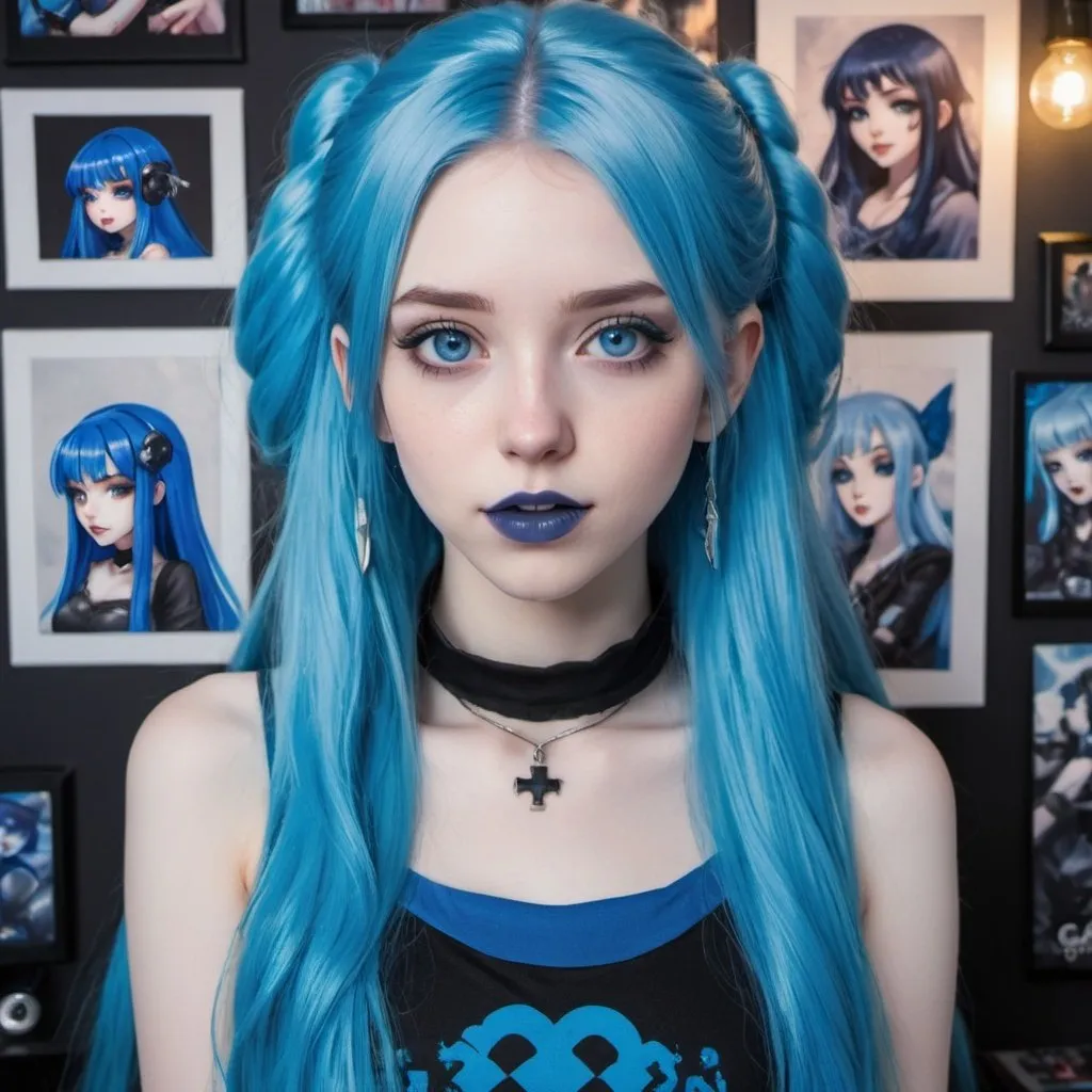 Prompt: Close-up portrait of a cute girl with long blue hair, pale skin, and modern style, blue lipstick, and blue eyes, blue makeup, blue eyeshadow, blue nails, 
surrounded by anime posters in a gamer room, highres, detailed, gothic, anime, blue hair, pale skin, blue lipstick, blue eyes, gamer room, anime posters, cute, modern style