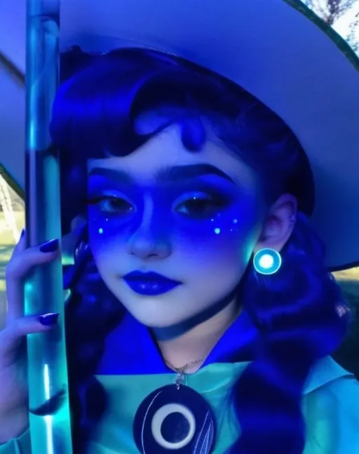 Prompt: 14 year old girl, outside moon behind her, blue lipstick, blue hair, Puffy face, long ice nails, Spiral earrings, dark blue plastic dress, blue Star Patch, glowing pencil.  