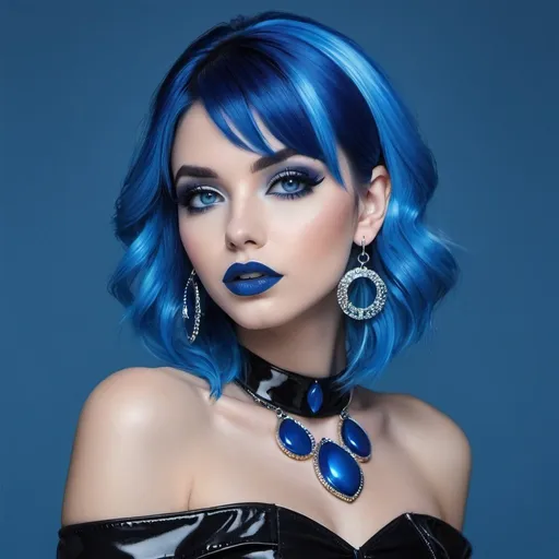 Prompt: Female emo blue woman, blue hair, blue lipstick, glossy lips, blue eyes, blue eyeshadow, blue makeup, blue nails, blue halo earrings, realistic, detailed, full body view, media studio background.