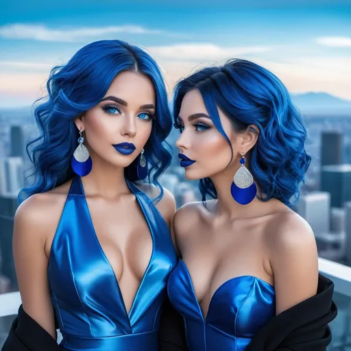 Prompt:  2 high class blue women, blue hair, blue lipstick, glossy lips, blue eyes, blue eyeshadow, blue makeup, blue nails, blue halo earrings, realistic, detailed, full body view, blue city on horizon