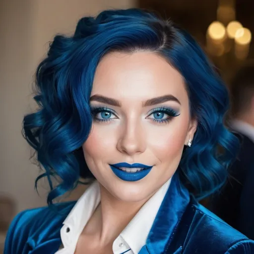 Prompt:  lady with blue  eyes, flowing blue hair, smiling lips with blue lipstick, blue jacket, blue makeup, blue eyeshadow. At wedding