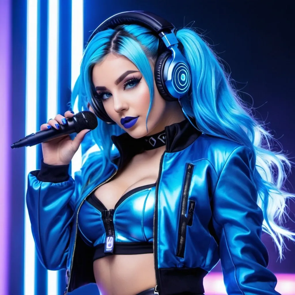 Prompt: Cyber goth KDA, electronic dance, full body view, blue lipstick, blue eyes, blue eyeshadow, blue crop top, blue jacket, blue nails, blue hair, blue headphones, blue microphone, blue speakers, blue lights shining