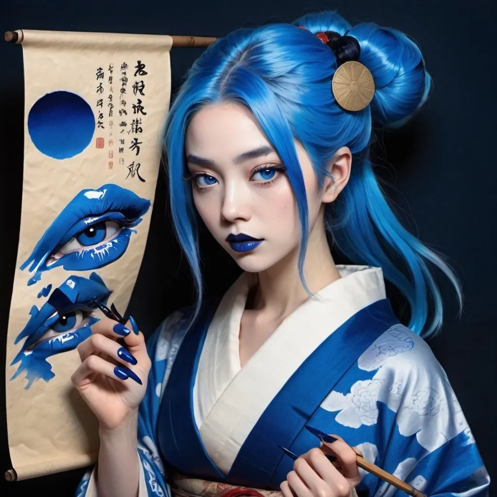 Prompt: A woman, blue hair, blue lipstick, blue kimono, blue eyes, blue eyeshadow, blue face faint, sketch, Japanese legend, on scroll, blue nails, dark blue eclipse behind on scroll paper.