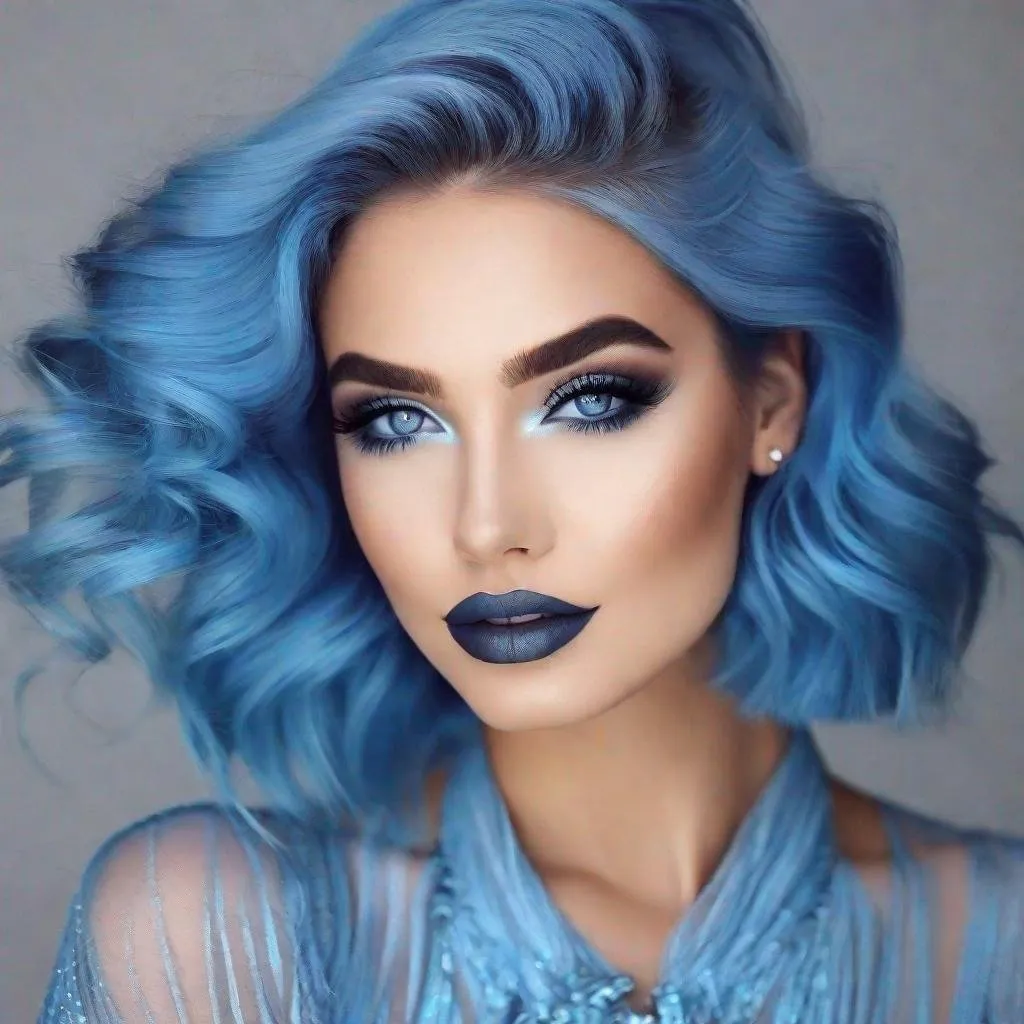 Prompt:  lady with blue  eyes, flowing blue hair, smiling lips with blue lipstick, blue outfit, blue makeup, blue eyeshadow. 