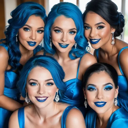 Prompt: 5 ladies with blue  eyes, flowing blue hair, smiling lips with blue lipstick, blue dresses, blue makeup, blue eyeshadow. At wedding
