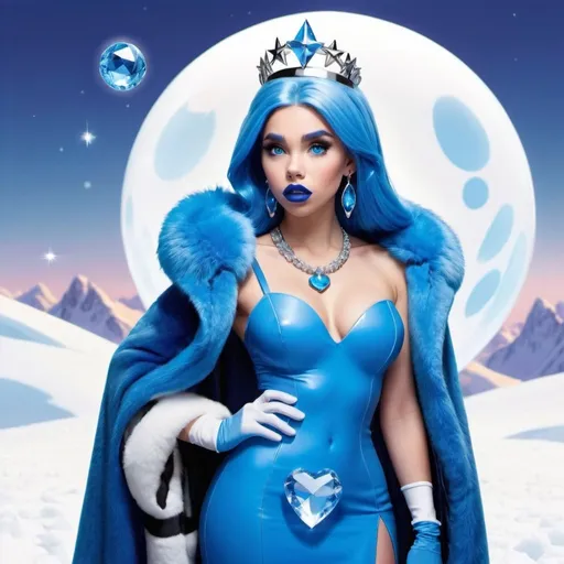 Prompt: kim possible, Heavy snow, Giant Blue Orb in Sky, Long Straight Blue hair, Ice crystal tiara, Thick bushy blue eyebrows, medium sized nose, plump diamond shape face,  Blue lipstick, ethereal blue eyes, Triangle Star earrings, soft ears, Large blue plastic chain around neck, Blue heart necklaces, blue candy shaped rings, Large blue fur coat with blue plastic gloves. Long Blue Skirt with moons.