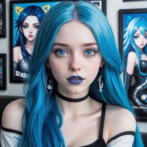 Prompt: Close-up portrait of a gorgeous girl with long blue hair, pale skin, and modern style, blue lipstick, and blue eyes, blue makeup, blue eyeshadow, blue nails, 
surrounded by anime posters in a gamer room, highres, detailed, modern tech, anime, blue hair, pale skin, blue lipstick, blue eyes, gamer room, anime posters, cute, modern style