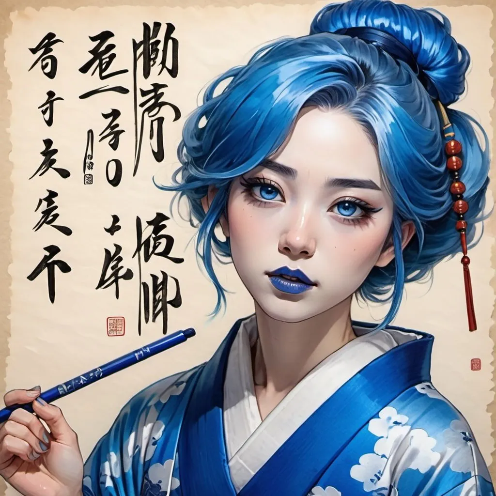 Prompt: A woman, blue hair, blue lipstick, blue kimono, blue eyes, blue eyeshadow, blue face faint, sketch, Japanese legend, on scroll.