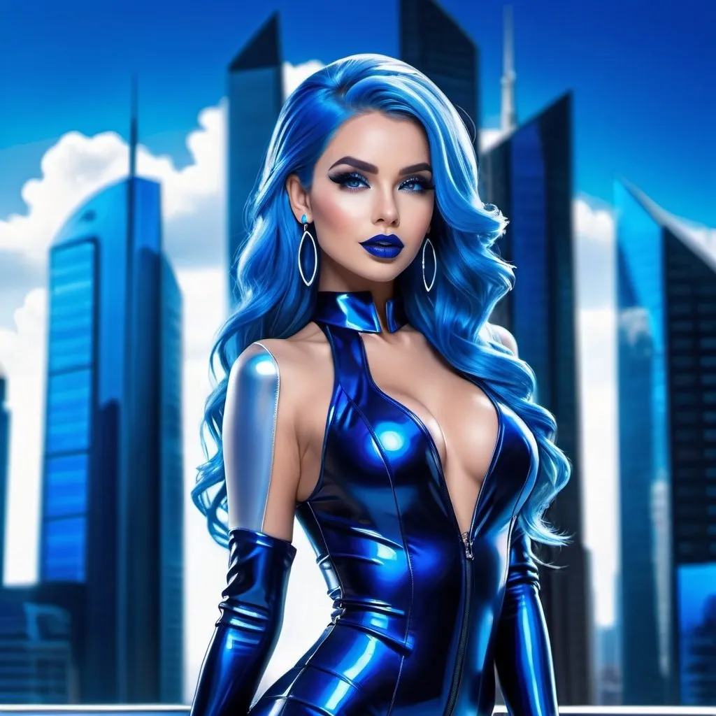 Prompt:  2 secret agent blue women, blue hair, blue lipstick, glossy lips, blue eyes, blue eyeshadow, blue makeup, blue nails, blue halo earrings, realistic, detailed, full body view, blue city on horizon