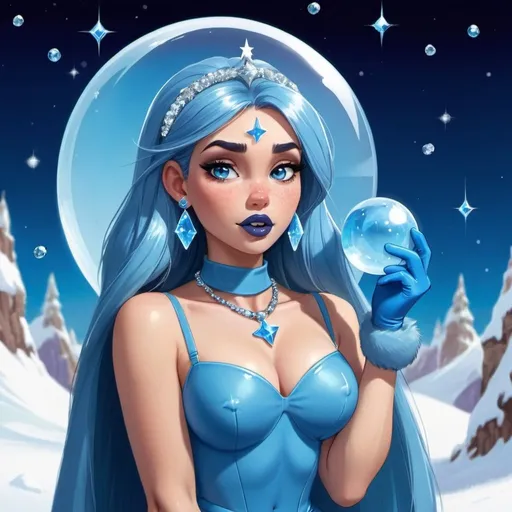 Prompt: kim possible, Heavy snow, Giant Blue Orb in Sky, Long Straight Blue hair, Ice crystal tiara, Thick bushy blue eyebrows, medium sized nose, plump diamond shape face,  Blue lipstick, ethereal blue eyes, Triangle Star earrings, soft ears, Large blue plastic chain around neck, Blue heart necklaces, blue candy shaped rings, Large blue fur coat with blue plastic gloves. Long Blue Skirt with moons. Plump chest