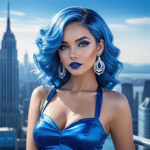 Prompt: Female high class blue woman, blue hair, blue lipstick, glossy lips, blue eyes, blue eyeshadow, blue makeup, blue nails, blue halo earrings, realistic, detailed, full body view, blue city on horizon