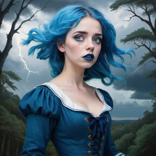 Prompt: A woman, blue hair, blue lipstick, blue 1700s dress, blue eyes, blue eyeshadow, blue face faint, sketch, Irish Sailor, on canvas, blue nails, thunderstorm sky, deciduous forest, windy, terrified