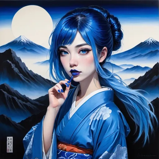 Prompt: A woman, blue hair, blue lipstick, blue kimono, blue eyes, blue eyeshadow, blue face faint, sketch, Japanese legend, on canvas, blue nails, dark blue eclipse sky, mountain and valleys below on the canvas