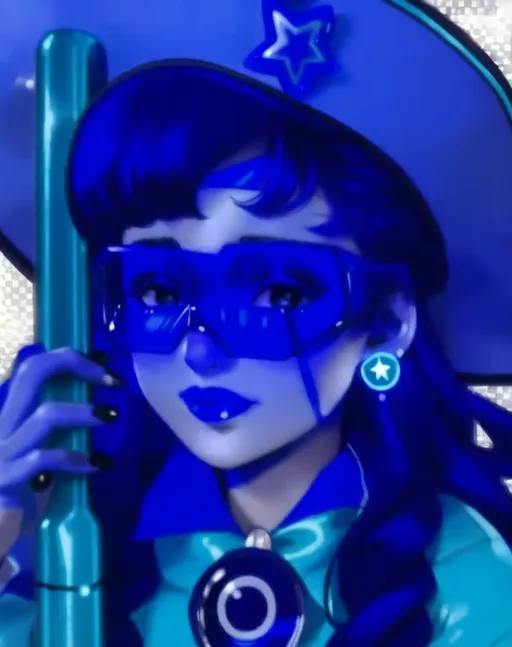 Prompt: 14 year old girl, outside moon behind her, blue lipstick, blue hair, Puffy face, long ice nails, Spiral earrings, dark blue plastic dress, blue Star Patch, glowing pencil.  