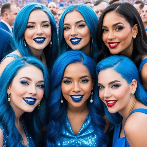 Prompt: 5 ladies with blue  eyes, flowing blue hair, smiling lips with blue lipstick, blue dresses, blue makeup, blue eyeshadow. At political rally