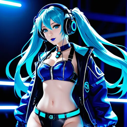 Prompt: Cyber goth hatsune miku, electronic dance, full body view, blue lipstick, blue eyes, blue eyeshadow, blue crop top, blue jacket, blue nails, blue hair, blue headphones, blue microphone, blue speakers, blue lights shining