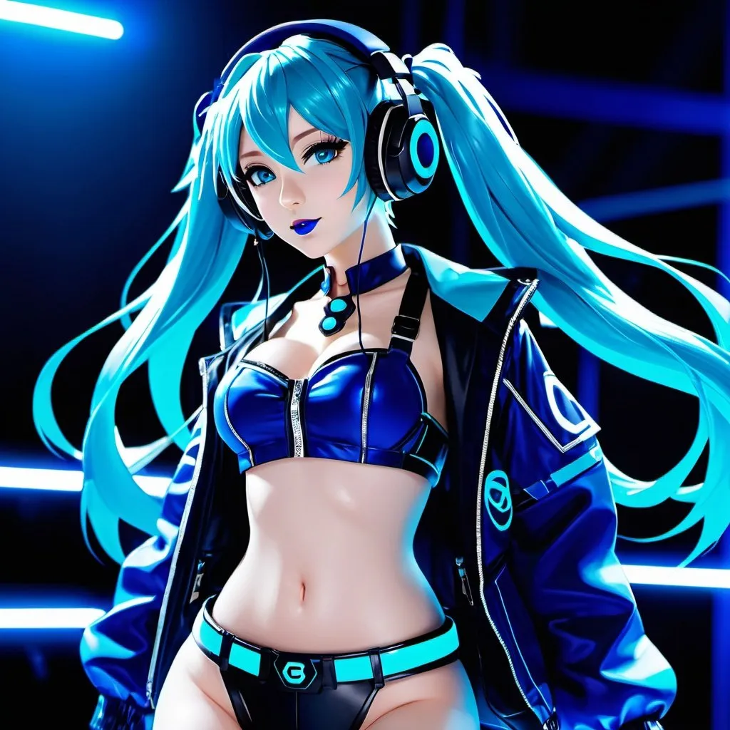 Prompt: Cyber goth hatsune miku, electronic dance, full body view, blue lipstick, blue eyes, blue eyeshadow, blue crop top, blue jacket, blue nails, blue hair, blue headphones, blue microphone, blue speakers, blue lights shining