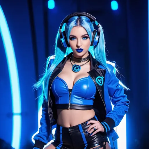 Prompt: Cyber goth KDA, electronic dance, full body view, blue lipstick, blue eyes, blue eyeshadow, blue crop top, blue jacket, blue nails, blue hair, blue headphones, blue microphone, blue speakers, blue lights shining