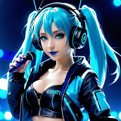 Prompt: Cyber goth hatsune miku, electronic dance, full body view, blue lipstick, blue eyes, blue eyeshadow, blue crop top, blue jacket, blue nails, blue hair, blue headphones, blue microphone, blue speakers, blue lights shining