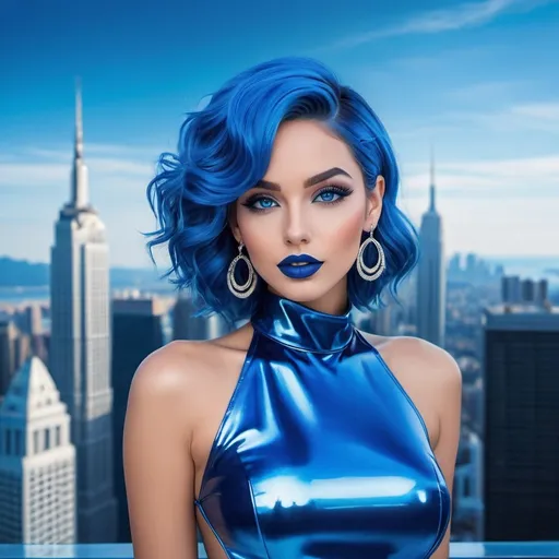 Prompt: Female high class blue woman, blue hair, blue lipstick, glossy lips, blue eyes, blue eyeshadow, blue makeup, blue nails, blue halo earrings, realistic, detailed, full body view, blue city on horizon