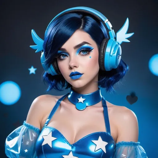 Prompt: 2020s, Mei Overwatch as a female popstar wearing a blue headphones, aqua blue lipstick, glossy and sparkling lips, blue makeup including blue eyeshadow and blue blush, dark blue hair, blue eyebrows, blue eyes, colourised, blue plastic gown, full body shot, photography, blue hearts and stars, euphoric.