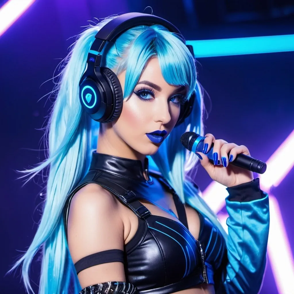 Prompt: Cyber goth KDA, electronic dance, full body view, blue lipstick, blue eyes, blue eyeshadow, blue crop top, blue jacket, blue nails, blue hair, blue headphones, blue microphone, blue speakers, blue lights shining