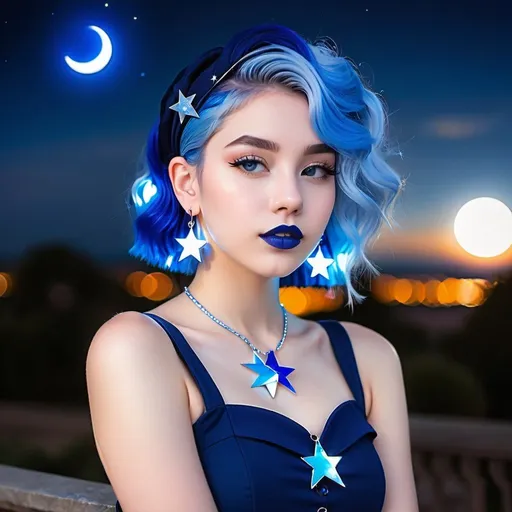 Prompt: 17 year old girl, outside moon behind her, blue lipstick, blue hair, Puffy face, long ice nails, Spiral earrings, dark blue plastic dress, blue Star Patch, glowing pencil.  