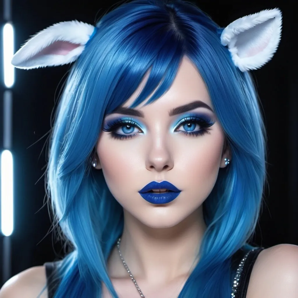 Prompt: Female emo blue bunny, blue hair, blue lipstick, glossy lips, blue eyes, blue eyeshadow, blue makeup, blue nails. realistic, detailed, full body view