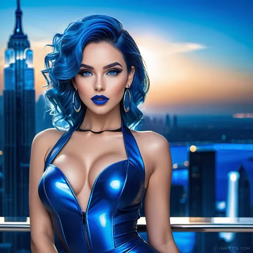 Prompt:  2 secret agent blue women, blue hair, blue lipstick, glossy lips, blue eyes, blue eyeshadow, blue makeup, blue nails, blue halo earrings, realistic, detailed, full body view, blue city on horizon