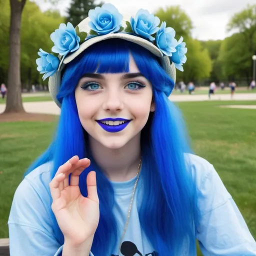 Prompt: 14 year old girls at a park, blue hair, blue lipstick, blue eyes, blue makeup, blue clothes, blue flower hats. Happy face.