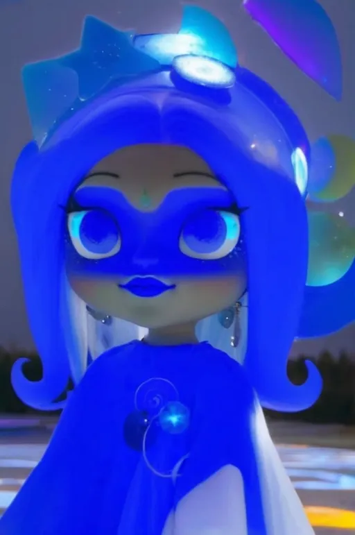 Prompt: 14 year old girl, outside moon behind her, blue lipstick, blue hair, Puffy face, long ice nails, Spiral earrings, dark blue plastic dress, blue Star Patch, glowing pencil.  