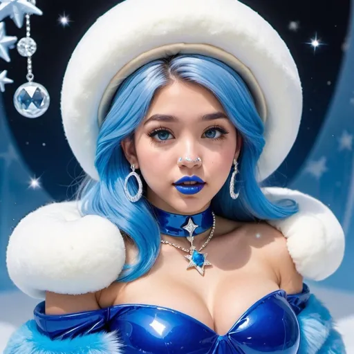 Prompt: pokimane, Heavy snow, Giant Blue Orb in Sky, Long Straight Blue hair, Ice crystal tiara, Thick bushy blue eyebrows, medium sized nose, plump diamond shape face,  Blue lipstick, ethereal blue eyes, Triangle Star earrings, soft ears, Large blue plastic chain around neck, Blue heart necklaces, blue candy shaped rings, Large blue fur coat with blue plastic gloves. Long Blue Skirt with moons. Plump chest