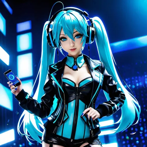 Prompt: Cyber goth hatsune miku, electronic dance, full body view, blue lipstick, blue eyes, blue eyeshadow, blue medal, blue jacket, blue nails, blue hair, blue headphones, blue microphone, blue speakers, blue lights shining