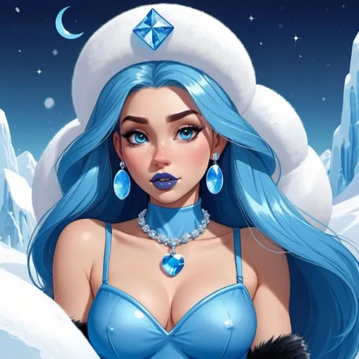 Prompt: kim possible, Heavy snow, Giant Blue Orb in Sky, Long Straight Blue hair, Ice crystal tiara, Thick bushy blue eyebrows, medium sized nose, plump diamond shape face,  Blue lipstick, ethereal blue eyes, Triangle Star earrings, soft ears, Large blue plastic chain around neck, Blue heart necklaces, blue candy shaped rings, Large blue fur coat with blue plastic gloves. Long Blue Skirt with moons. Plump chest