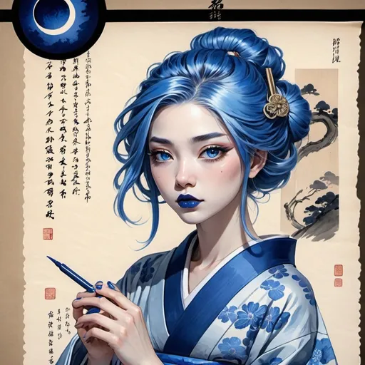 Prompt: A woman, blue hair, blue lipstick, blue kimono, blue eyes, blue eyeshadow, blue face faint, sketch, Japanese legend, on scroll, blue nails, dark blue eclipse behind on scroll paper.