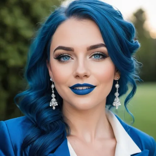 Prompt:  ladies with blue  eyes, flowing blue hair, smiling lips with blue lipstick, blue jacket, blue makeup, blue eyeshadow. At wedding