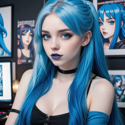 Prompt: Close-up portrait of a gorgeous girl with long blue hair, pale skin, and modern style, blue lipstick, and blue eyes, blue makeup, blue eyeshadow, blue nails, 
surrounded by anime posters in a gamer room, highres, detailed, modern tech, anime, blue hair, pale skin, blue lipstick, blue eyes, gamer room, anime posters, cute, modern style