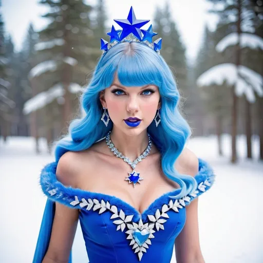 Prompt: Taylor Swift, Heavy snow, Giant Blue Orb in Sky, Long Straight Blue hair, Ice crystal tiara, Thick bushy blue eyebrows, medium sized nose, plump diamond shape face,  Blue lipstick, ethereal blue eyes, Triangle Star earrings, soft ears, Large blue plastic chain around neck, Blue heart necklaces, blue candy shaped rings, Large blue fur coat with blue plastic gloves. Long Blue Skirt with moons. Plump chest