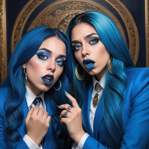 Prompt: a picture of 2 hispanic women with long blue hair, posing together large blue eyes wearing blue suits, blue eyeshadow, and blue lipstick coughing at the camera, blue makeup, jewerly on hands, Artgerm, fantasy art, realistic shaded perfect blue face, a detailed painting, Obey screens background, 30 years old, blue lipstick 