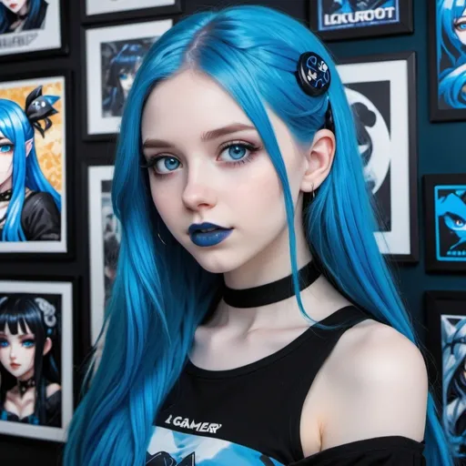 Prompt: Close-up portrait of a cute girl with long blue hair, pale skin, and modern style, blue lipstick, and blue eyes, blue makeup, blue eyeshadow, blue nails, 
surrounded by anime posters in a gamer room, highres, detailed, gothic, anime, blue hair, pale skin, blue lipstick, blue eyes, gamer room, anime posters, cute, modern style