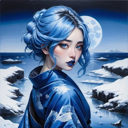 Prompt: A woman, blue hair, blue lipstick, blue kimono, blue eyes, blue eyeshadow, blue face faint, sketch, Japanese legend, on canvas, blue nails, dark blue eclipse sky, icy shore, shipwreck covered in snow.