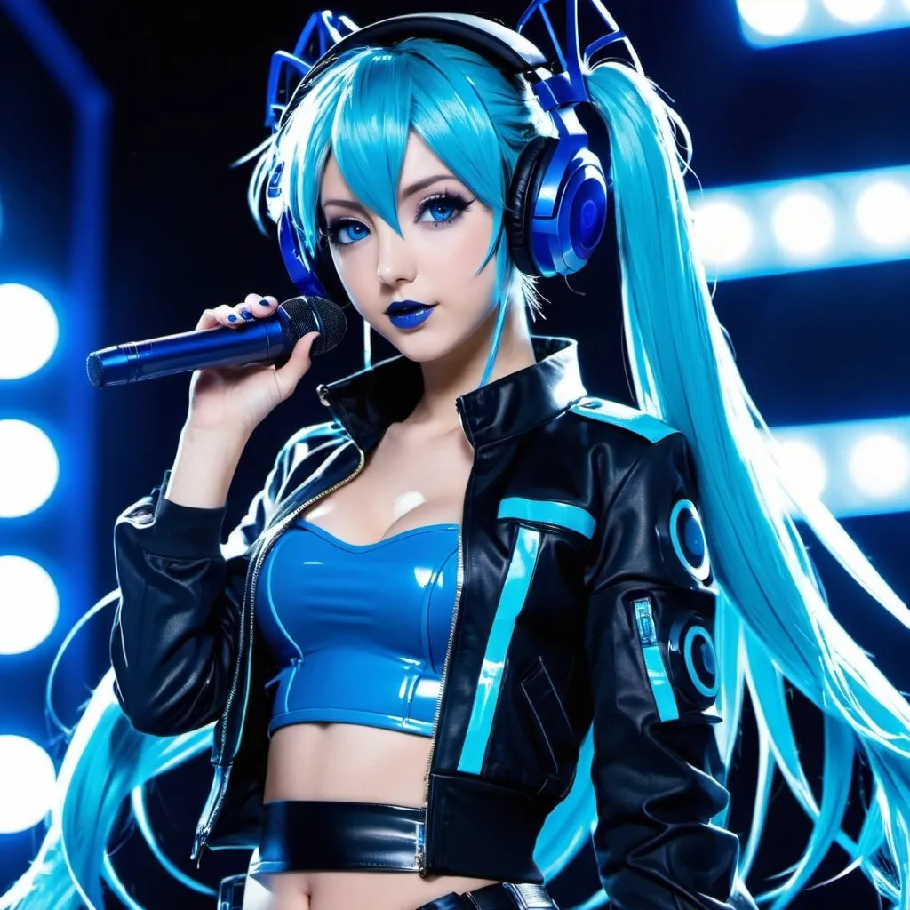 Prompt: Cyber goth hatsune miku, electronic dance, full body view, blue lipstick, blue eyes, blue eyeshadow, blue crop top, blue jacket, blue nails, blue hair, blue headphones, blue microphone, blue speakers, blue lights shining